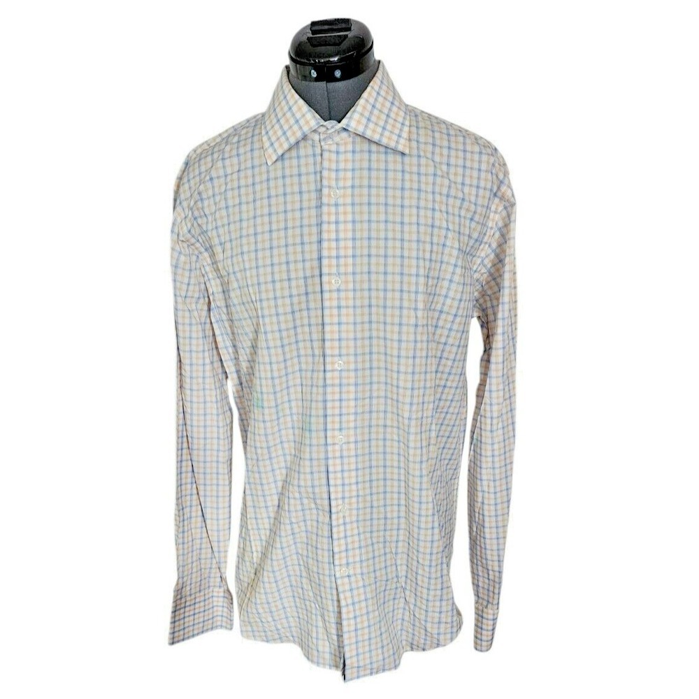 Lorenzo Uomo Trim Fit Dress Shirt Mens 15.5 34/35 Blue Tan Plaid Cotton Long Slv